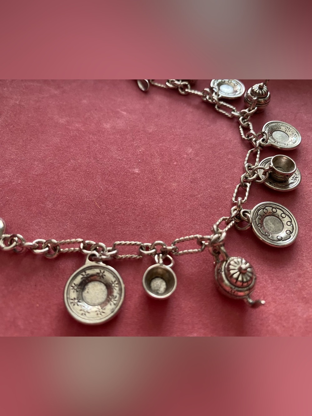 Vintage Silver Mini Tea Party Charm Bracelet - Teacups Saucers Teaspoon